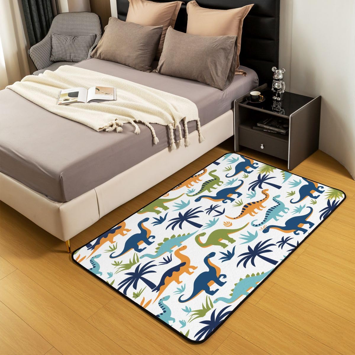 Cartoon Dinosaurier Wohnzimmer Teppich 100x150cm Blauer Kokosbaum Grün Gras Drucken Schlafzimmerbereich Teppich für Kinder Teens Niedliches Tier- und Pflanzenmuster Indoor Matte Heimdekor