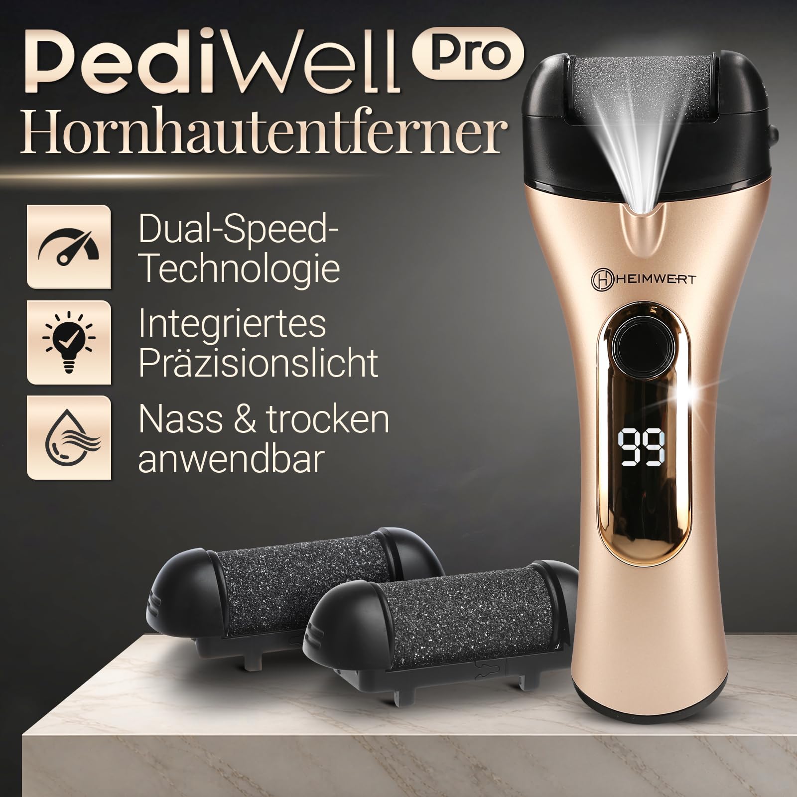 Heimwert PediWell Pro - Eliminador de callos eléctrico con diamante, motor extrapotente, húmedo/seco, batería de alto rendimiento y luz para eliminar rápidamente callos de los pies (dispositivo)