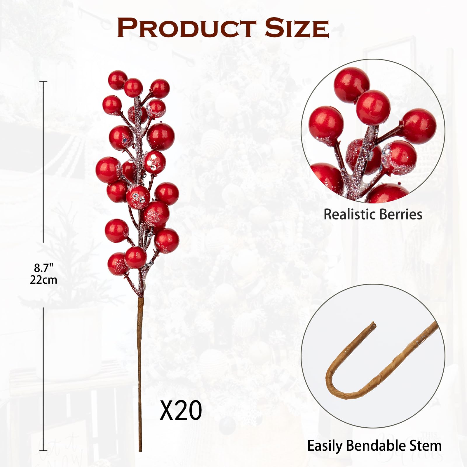 Oairse 20pcs Christmas Berry Stem Glitter Artificial Berries Picks Artificial Fruits Picks Red Berry Branches for Christmas Tree Decorations Floral Arrangement Bouquet Filler for Home Wedding - Image 2