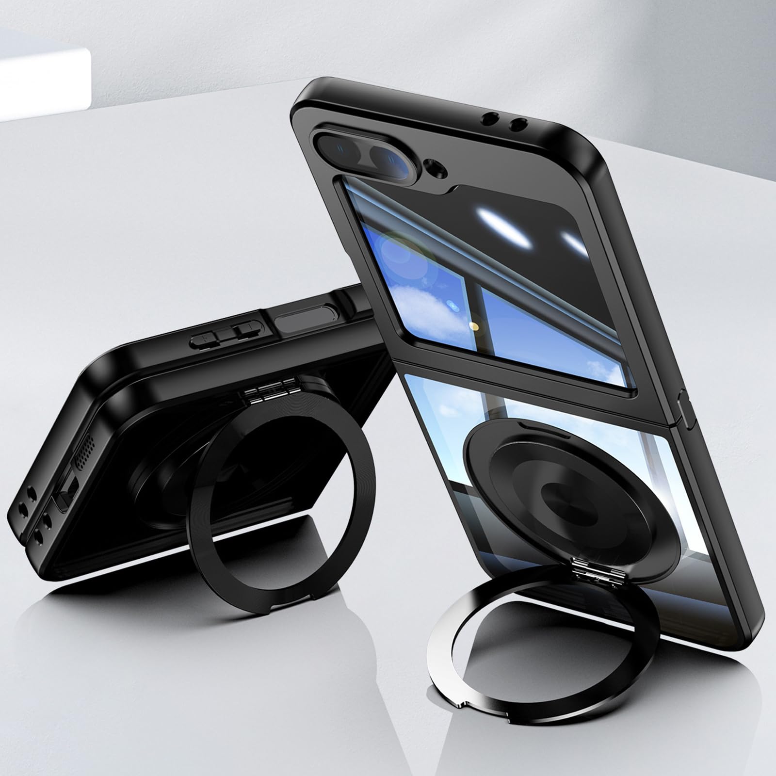 Magnetyczne etui do Samsung Galaxy Z Flip 6, przezroczyste etui z obrotowym pierścieniem, z podpórką, ochrona przed wstrząsami, niebieskie, z klapką 6