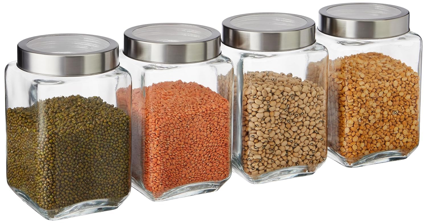 CROCO JAR Square Glass Storage Containers 1350ml | Transparent Airtight Kitchen Jars with Steel Lid | Cubical Glass Jars for Pantry, Snacks, Dry Fruits, Masala, Pickle & Coffee Beans | Pack of 4