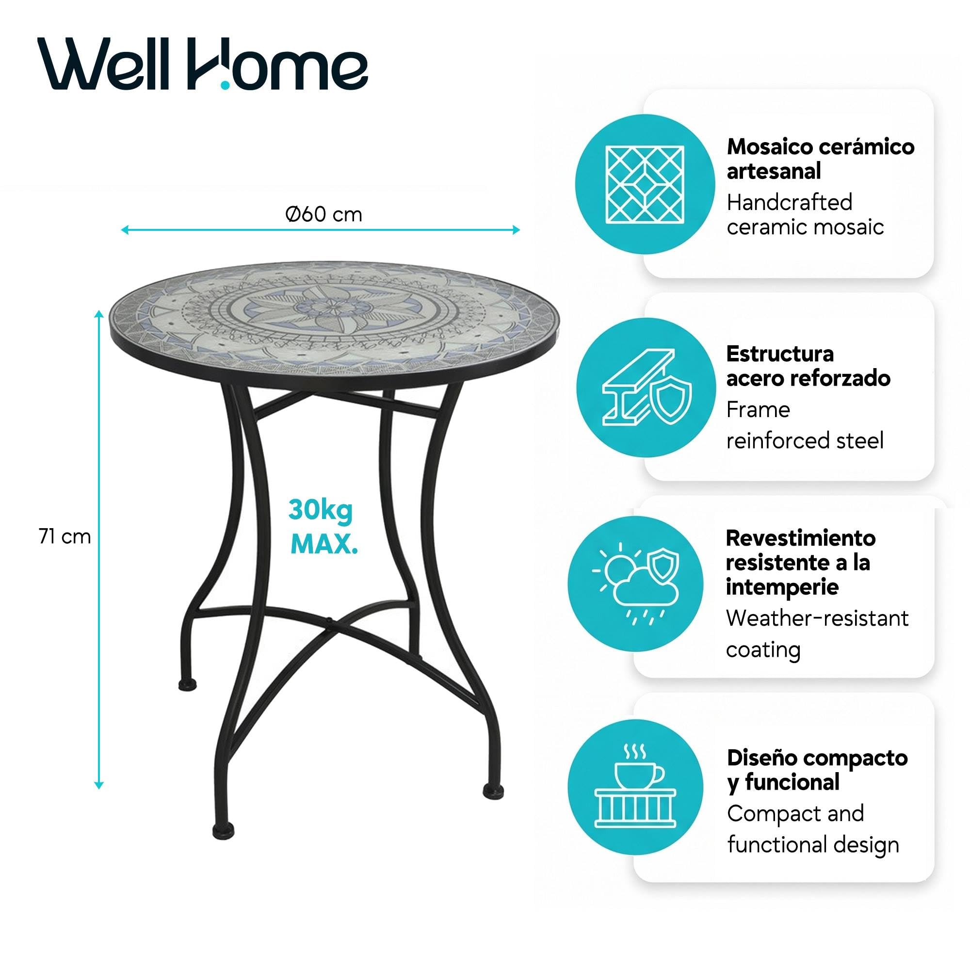 Mesa Auxiliar de Patio de Mosaico Redonda - Mesa de Café para Jardín y Terraza con Patas de Hierro Forjado Antióxido, Mesa Pequeña Decorativa para Exterior e Interior, Ø60x71, Modelo Santiago