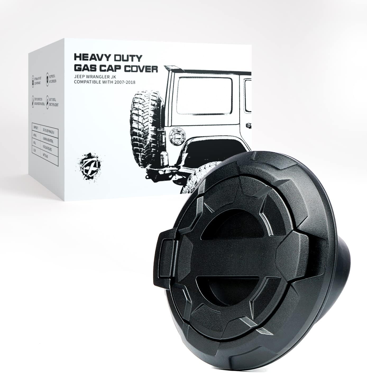 Xprite Wheel Pattern Gas Cap Cover, Aluminum Fuel Filler Door Cover Accessories Compatible with 2007-2018 Jeep Wrangler JK JKU, Matte Black