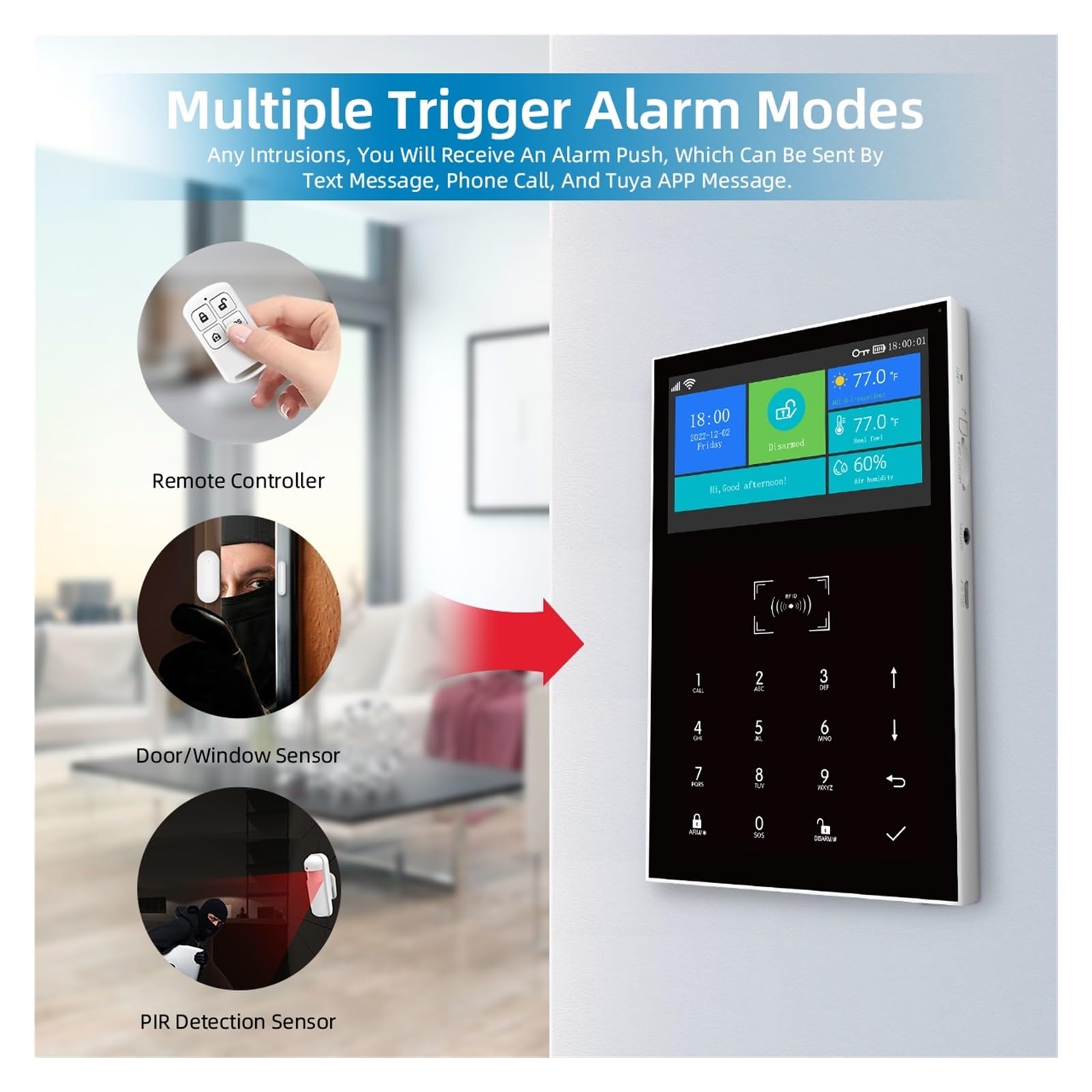Sistema di Allarme di Sicurezza Domestica, Smart Alarm Sistemi di Allarme Antifurto gsm da 4,3 Pollici for Il Controllo 'App Supporto Domestico con Visualizzazione A Temperatura(Set 10)
