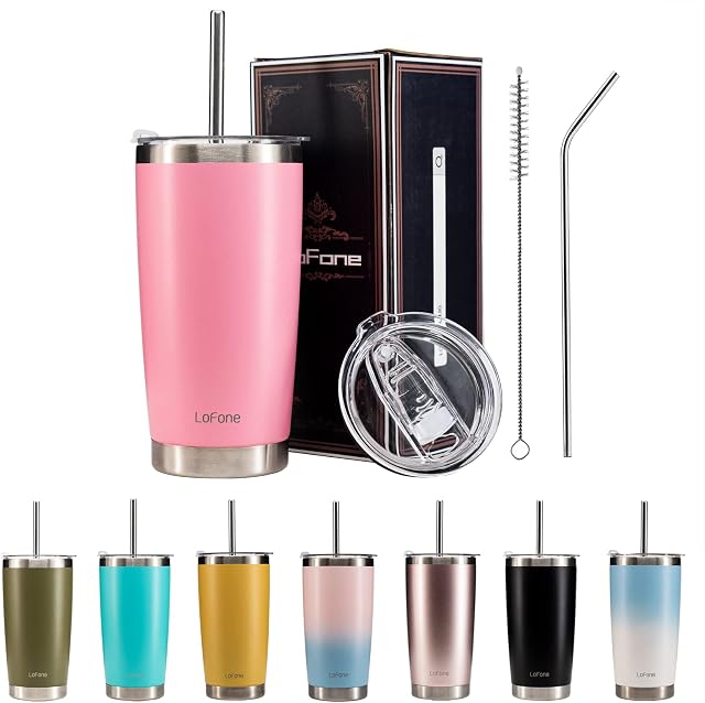 LoFone Coffee Travel Mug with Straw,20oz/550ml Double-Walled Insulated Coffee Cup,New Fashionable Stainless Steel Tumbler (Pink)