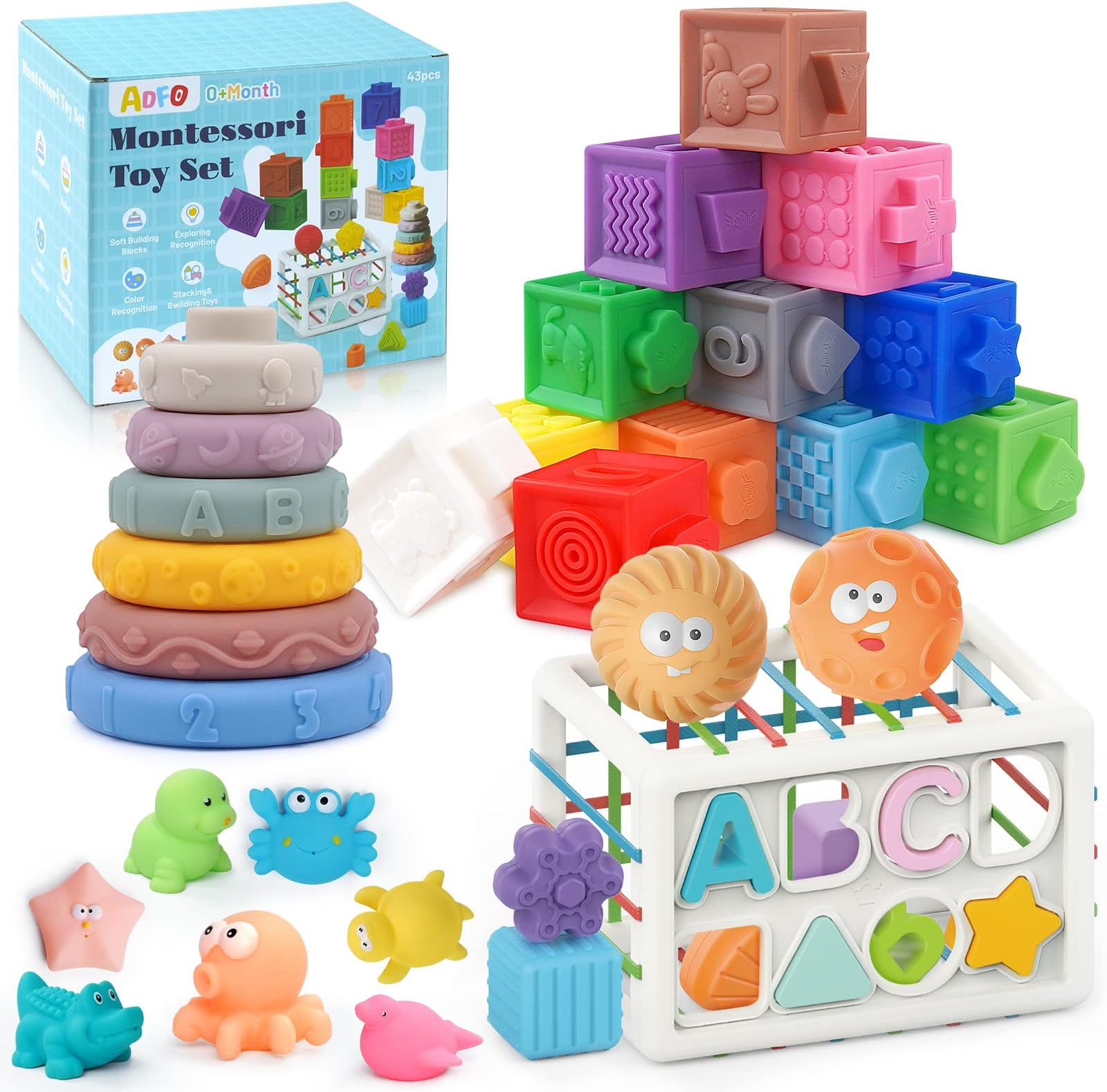ADFO5 in 1 Baby Toys 6to12-18 Months, 43PCS Montessori Toys for 1 2 3 Year Old, Include Soft Stacking Blocks & Color Shape Sensory Toys & Teething Bath Toys for Infants