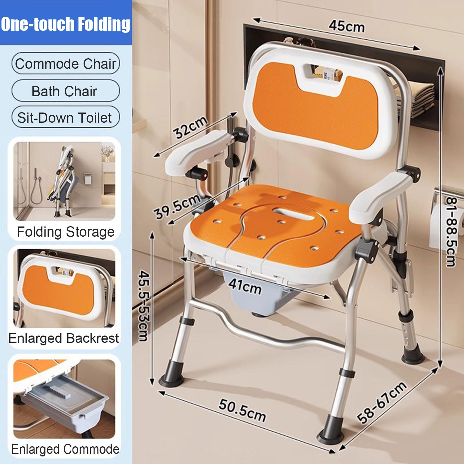 Silla de baño con Inodoro 3 en 1, Silla de Ducha Plegable, Taburete de baño Ligero, Ajustable en 4 Niveles, Patas Antideslizantes, Recorte for privacidad, Ideal for Embarazadas y Personas Mayores.