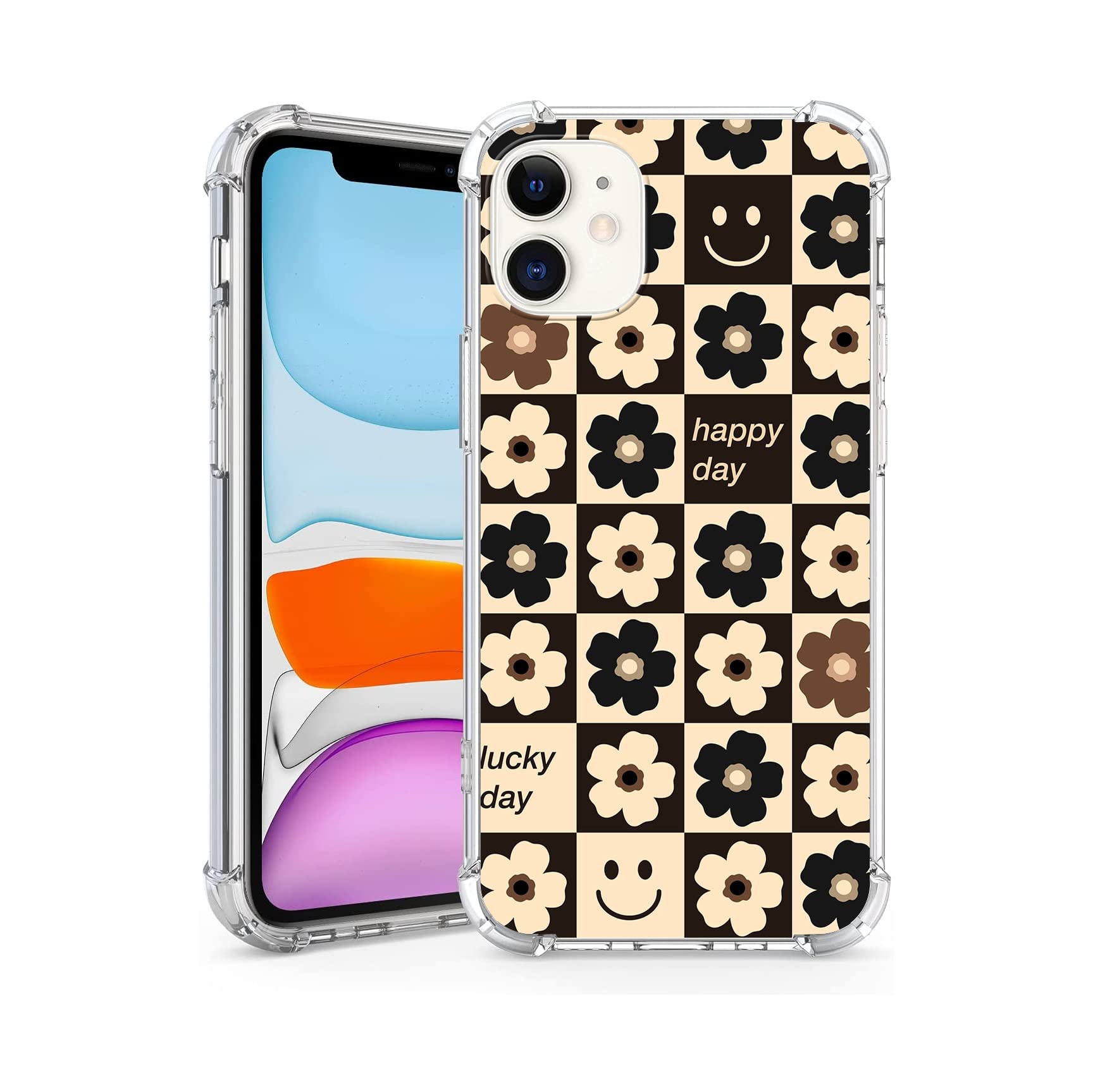 SAIJING Compatible with iPhone 11 Case, Happy Lucky Flower Aesthetic Clear iPhone Case with 4 Corners Shockproof Protection Designed