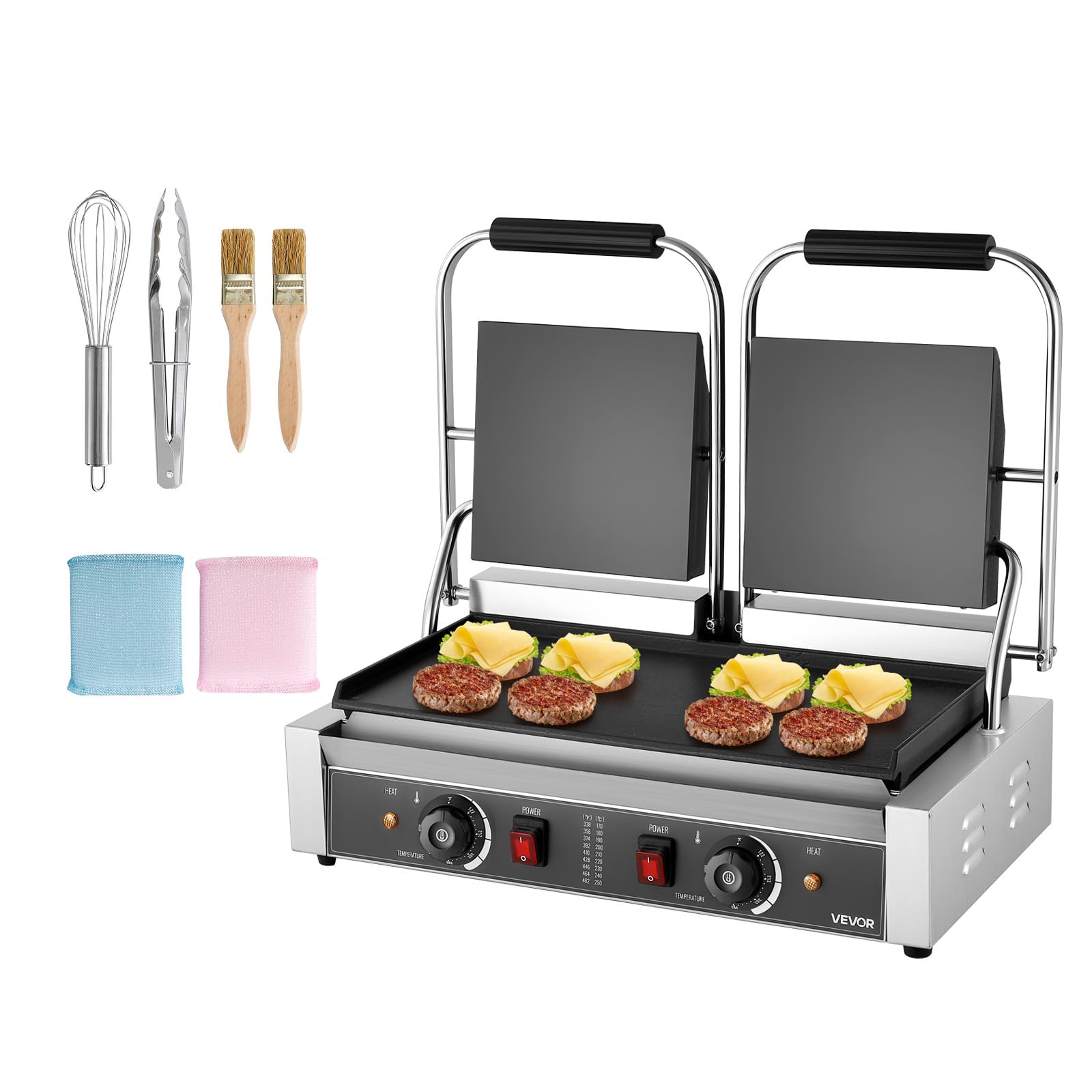 VEVOR 3600W Grill elettrico per panini,doppia piastra per panini con piastra smaltata piatta da 48,5x23 cm,piastra per panini in acciaio inox,controllo della temperatura,per hamburger,bistecche,cucina