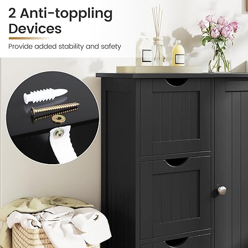 Miniatura 7 de Tangkula Armario de suelo de baño, armario de almacenamiento independiente con 3 cajones y una sola puerta, estante ajustable, almacenamiento de