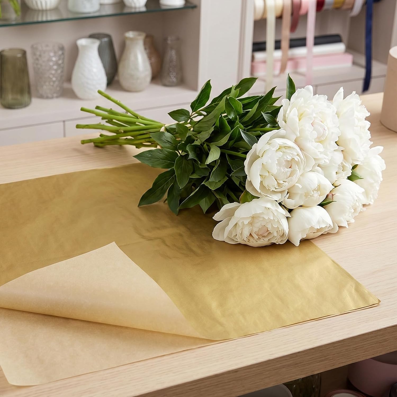 GLSTOY 100pcs Gold Metallic Tissue Paper for Wrapping and Party Decorations Thin Handmade Art Paper Suitable for Crafts and Special Occasions