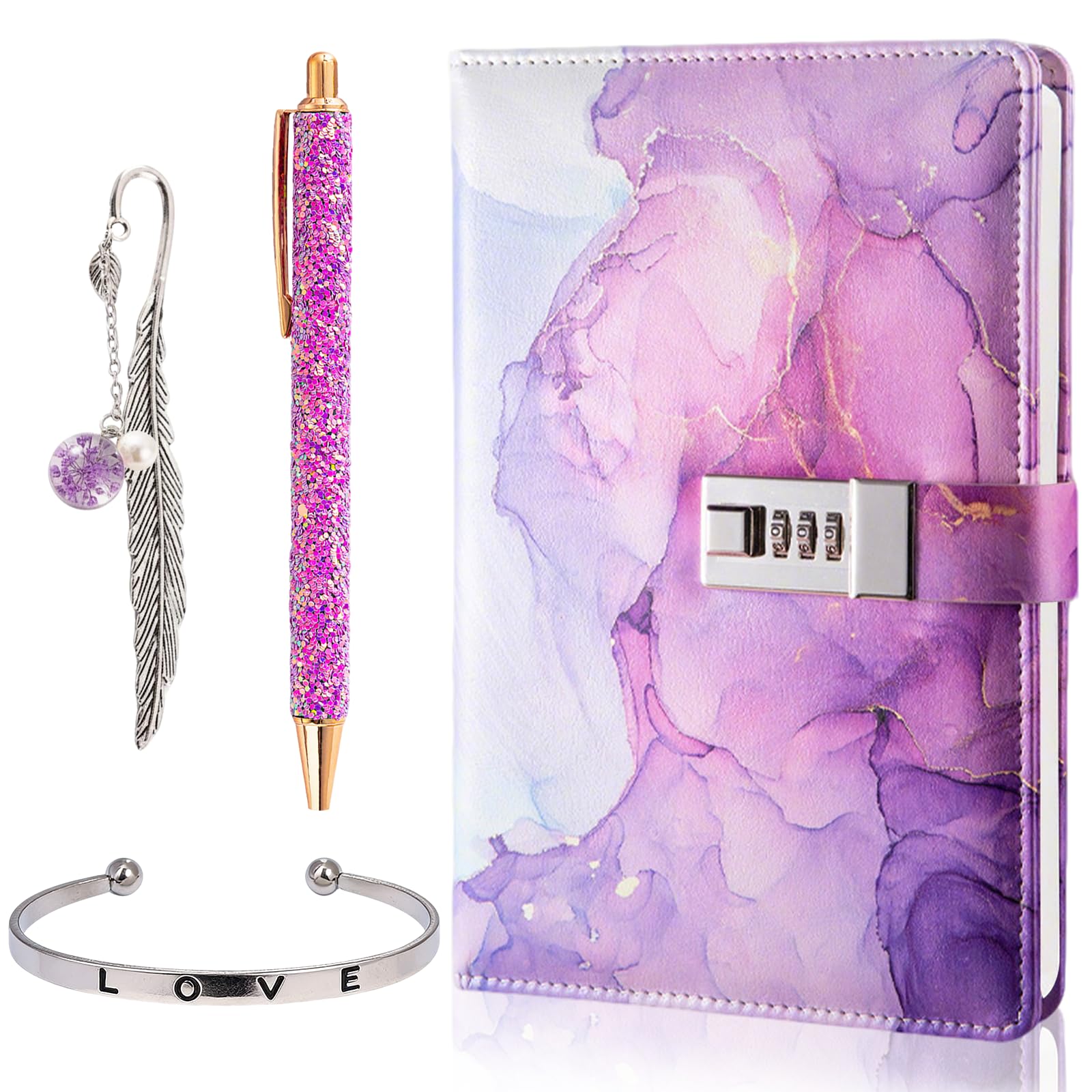 Xqzbmt Gifts for Girls,Notebook with Lock Set Including Purple UV Leather Lockable Diary, Glitter Pen, Bracelet & Metal Feather Bookmark, Secret Journal for Girls Notebook Birthday Presents Gifts