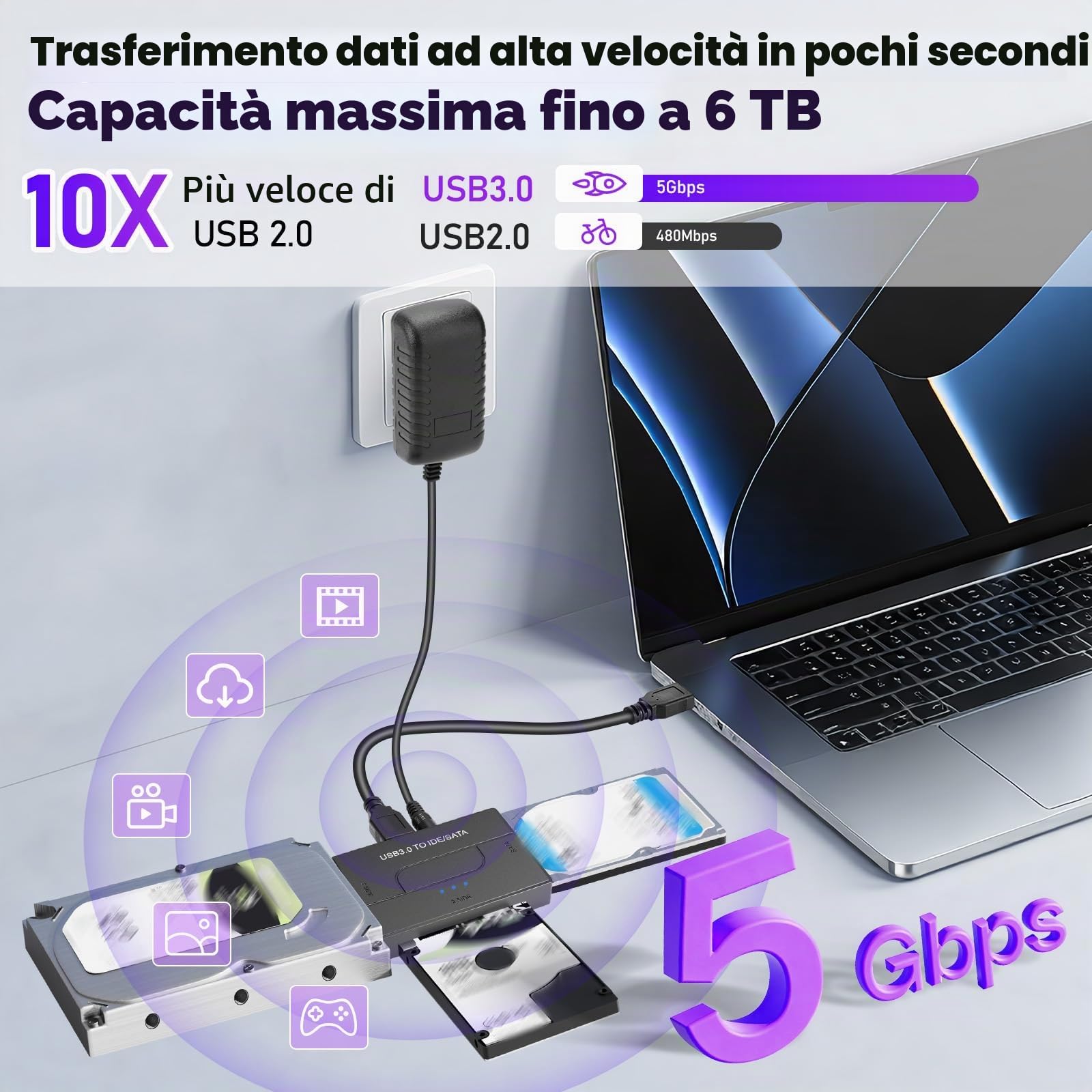 Adattatore USB3.0 IDE e SATA, 5Gbps USB3.0 a SATA IDE Adattatore per Disco Rigido ConvertitoreSATA&IDEper Unità HDD o SSD da 2,5 e 3,5 Pollici, DVD-RW,CD-ROM,CD-RW