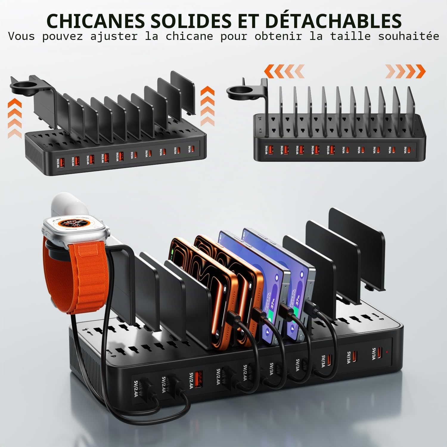 Station de Recharge Multi-appareils 100W, Chargeur 10 Ports USB C+USB A, Support de Bureau pour téléphone et Tablette, adapté au Rangement des appareils, Compatible avec iPhone/Galaxy/iPad/tablettes