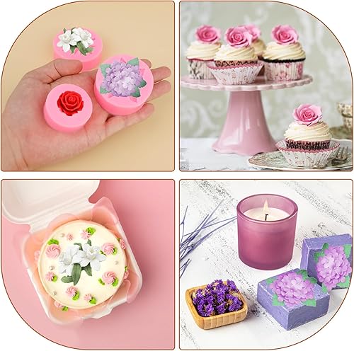Miniatura 4 de 3 moldes de silicona con forma de flor en 3D, moldes de vela de resina, moldes redondos de peonía de rosas para hacer velas, fondant de silicona