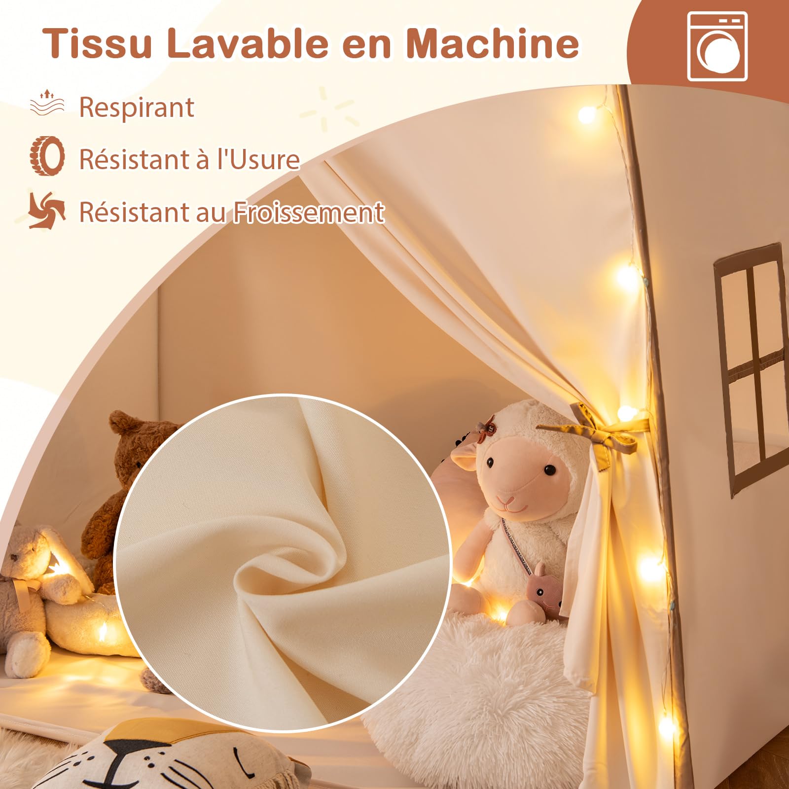 COSTWAY Tente de Jeux Enfant avec Guirlandes Lumineuses & Drapeaux, Cabane Enfant Interieure avec Fenêtres & Tissu Lavable, Style Princesse pour 3 Enfants de 3-12 Ans, 157x98x148cm (Beige + Café)