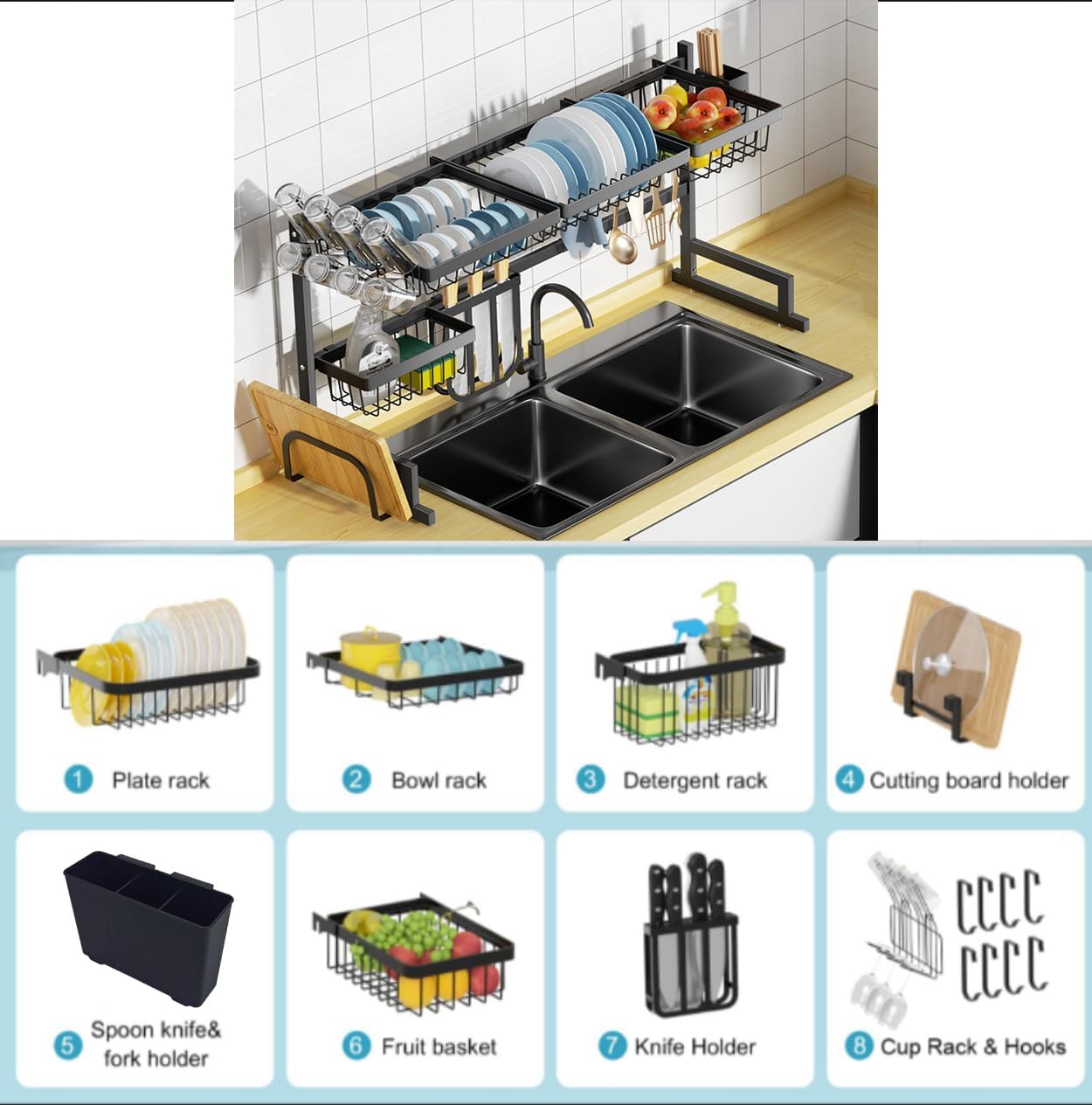 Large Over The Sink Dish Drying Rack (33.4"-41.3") 2 Tier Length Adjustable Dish Drainer for Kitchen Sink Auto Drainage Space Saving Kitchen Organizer, Black (33.4“-41.3”)