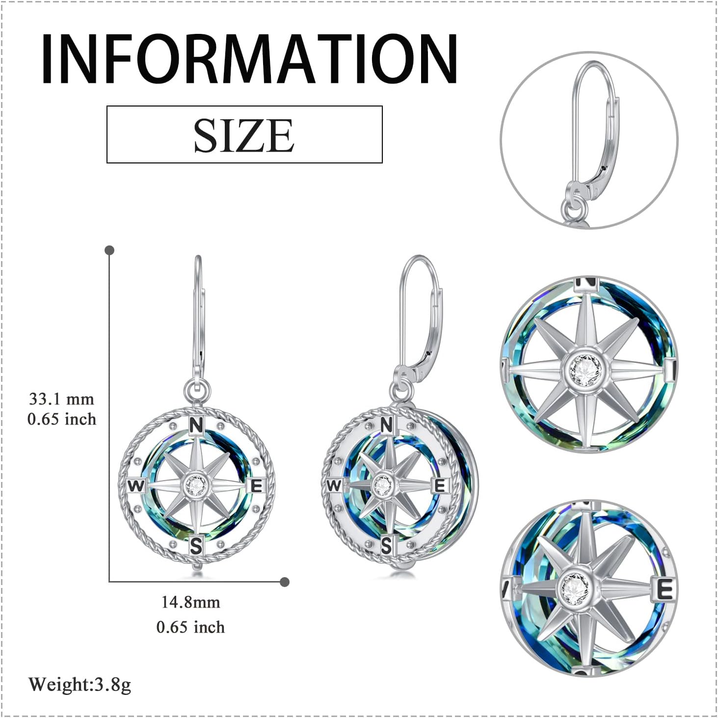 VONALA Sterling Silver Ocean Compass Dangle Drop Earrings with Circle Crystal Graduation Jewelry Gifts for Her Daughter Women College Student - Image 5