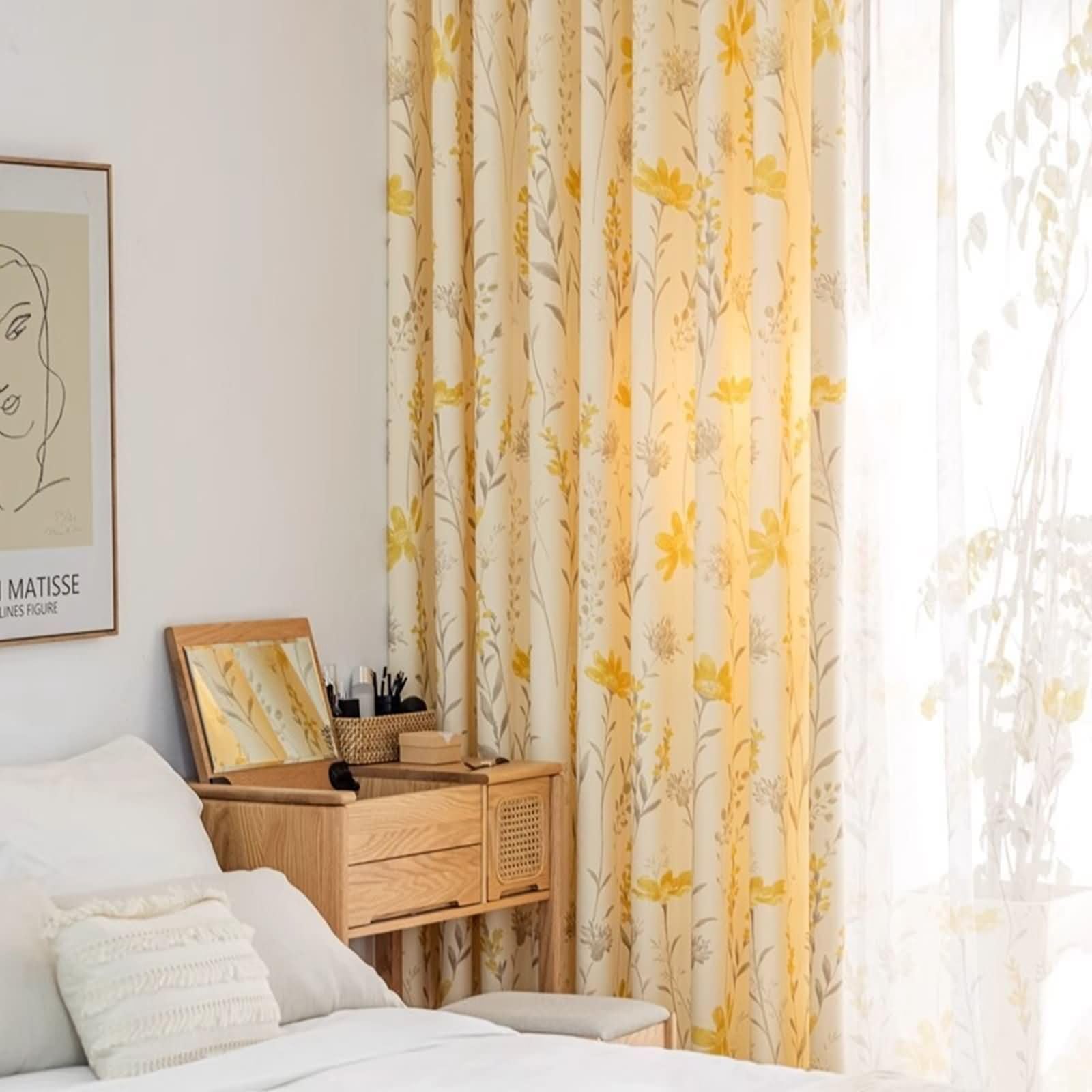 KnSam Rideaux Fenetre Semi Opaque Beige, 2 Pièces, Rideau Salon Chambre Imprimé Fleurs à Crochets, 86x183cm x 1pcs