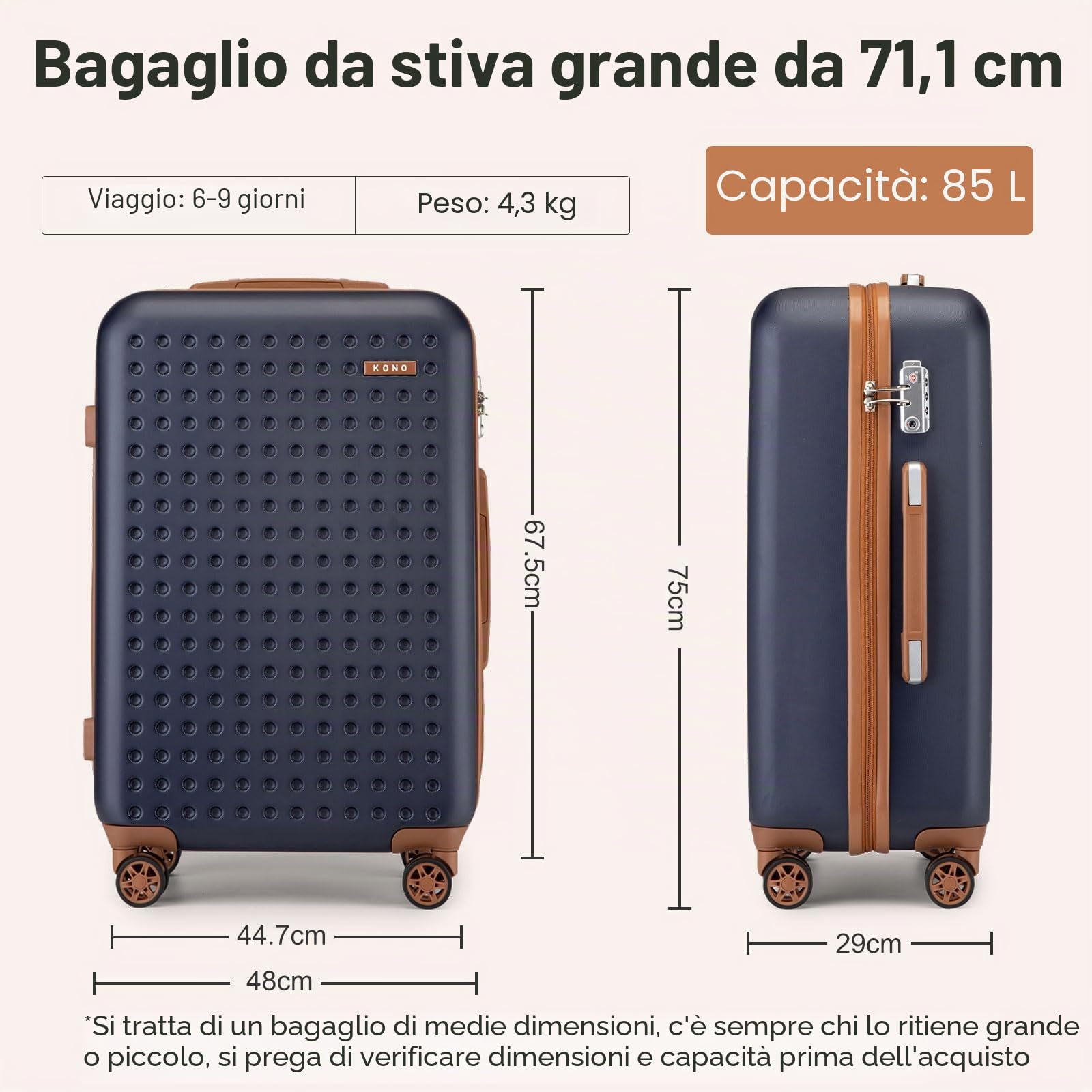 KONO Trolley Grande 76cm Valigia Rigida Grande Leggero con TSA Lucchetto e 4 Ruote Girevoli,Blu