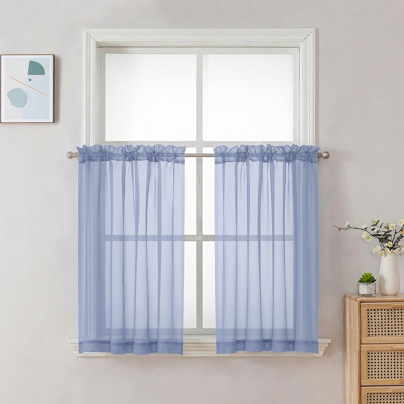 Chyhomenyc Sheer Curtains 36 inch Length 2 Panels Set - Light Filtering Voile Rod Pocket Short Window Curtians for Bathroom Living Room Farmhouse Small Windows, 42Wx36L inches, Denim Blue