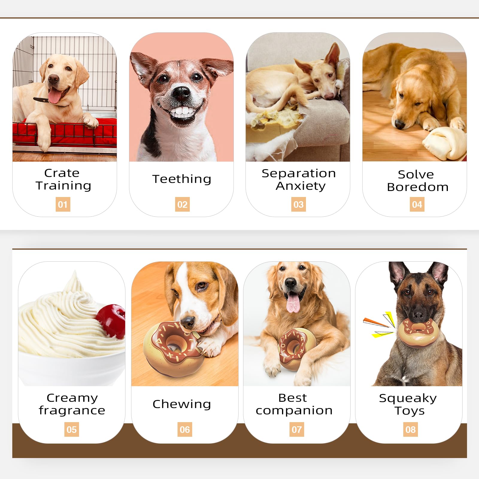 Hunde-Kauspielzeug für aggressive Kauer, unzerstörbar, robust und langlebig, quietschend und mit Cremegeschmack, interaktives Hundespielzeug für mittelgroße bis große Hunde, Donuts, Gummi,
