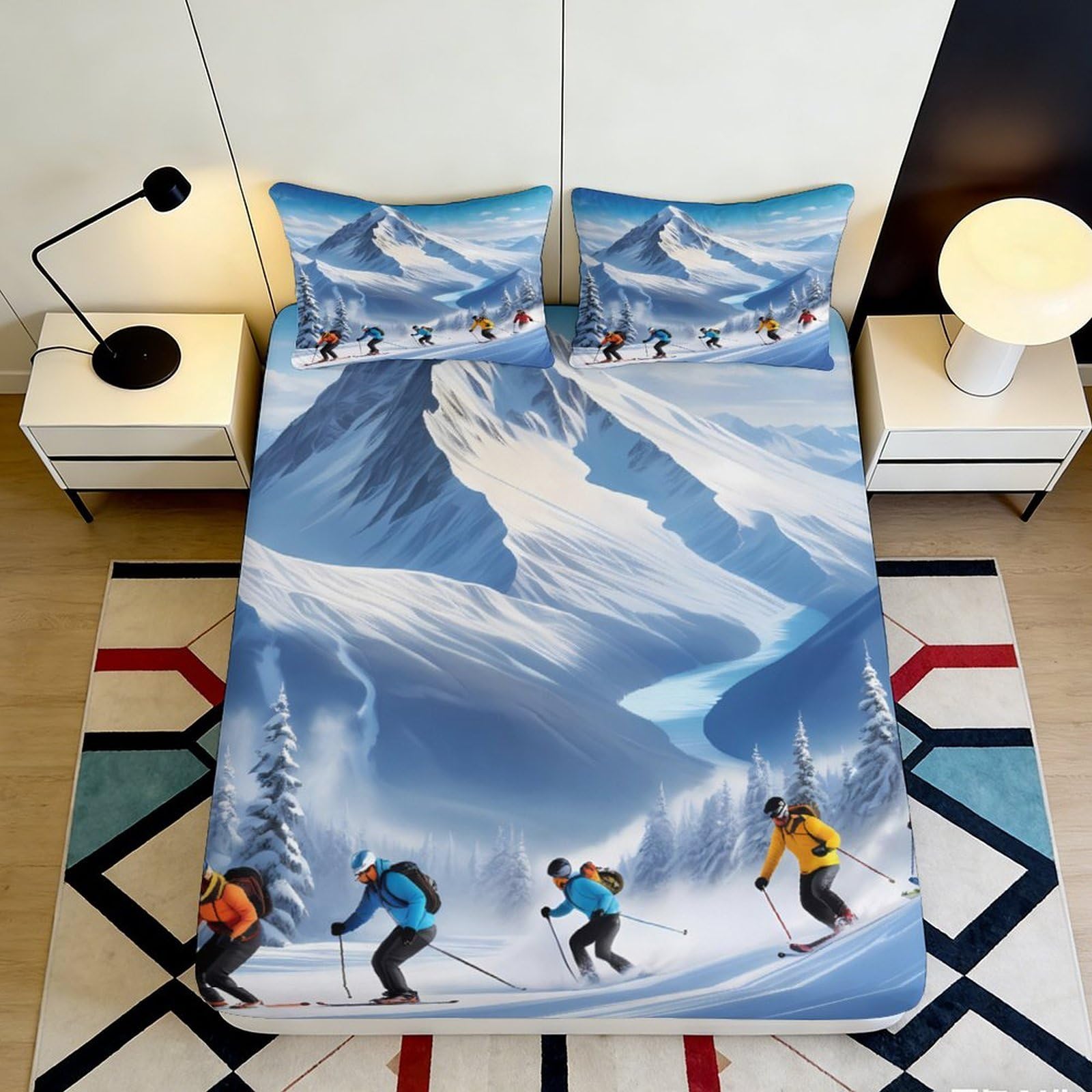 3D Printed Mountain Skiing Fitted Sheet Microfiber Soft Breathable Snow Landscape Mattress Cover for Bedroom Dorm Bed Protection Decor 160x200x25cm