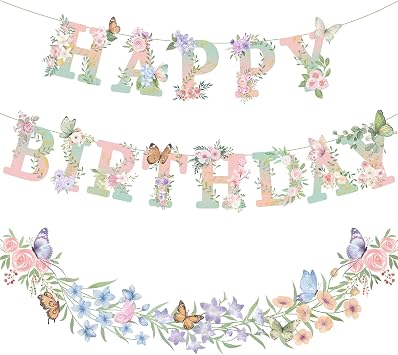 Flower Butterfly Happy Birthday Banner Dusty Pink Sage Green Wildflower Garland Floral for Spring Summer Fairy Garden Tea Theme Wild One Bloom Birthday Party Supplies