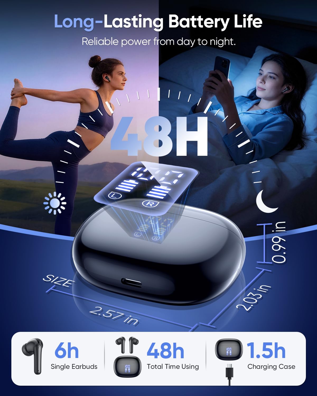 Ear Buds Wireless Earbuds, Bluetooth Headphones 5.4 with 4 ENC Noise Cancelling Mic, 48H Playtime LED Display, IPX7 Waterproof, Deep Bass Stereo – Headphones Wireless for Running, Gym & Gaming, Black — view 6