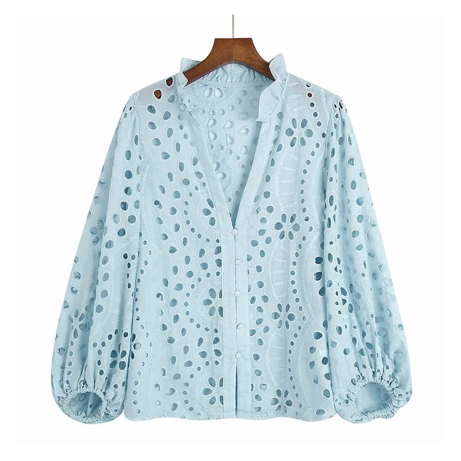 ZZZYW Frauen Spitze Hemd hohl Out Stickerei Baumwollbluse Sommerkleidung Mädchen Tops (Color : Blue, Größe : L)