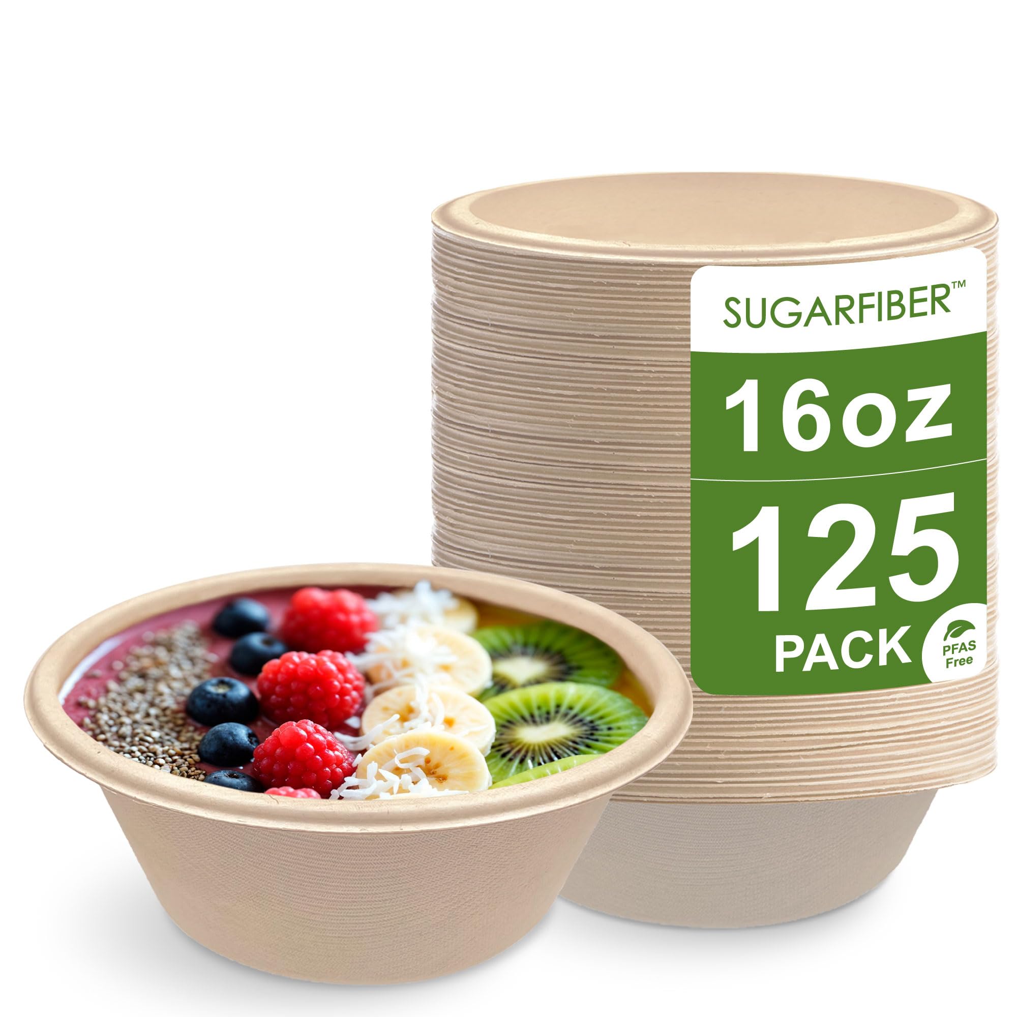 16oz Compostable Paper Bowls Disposable Round Natural Soup Bowls, 125 Count