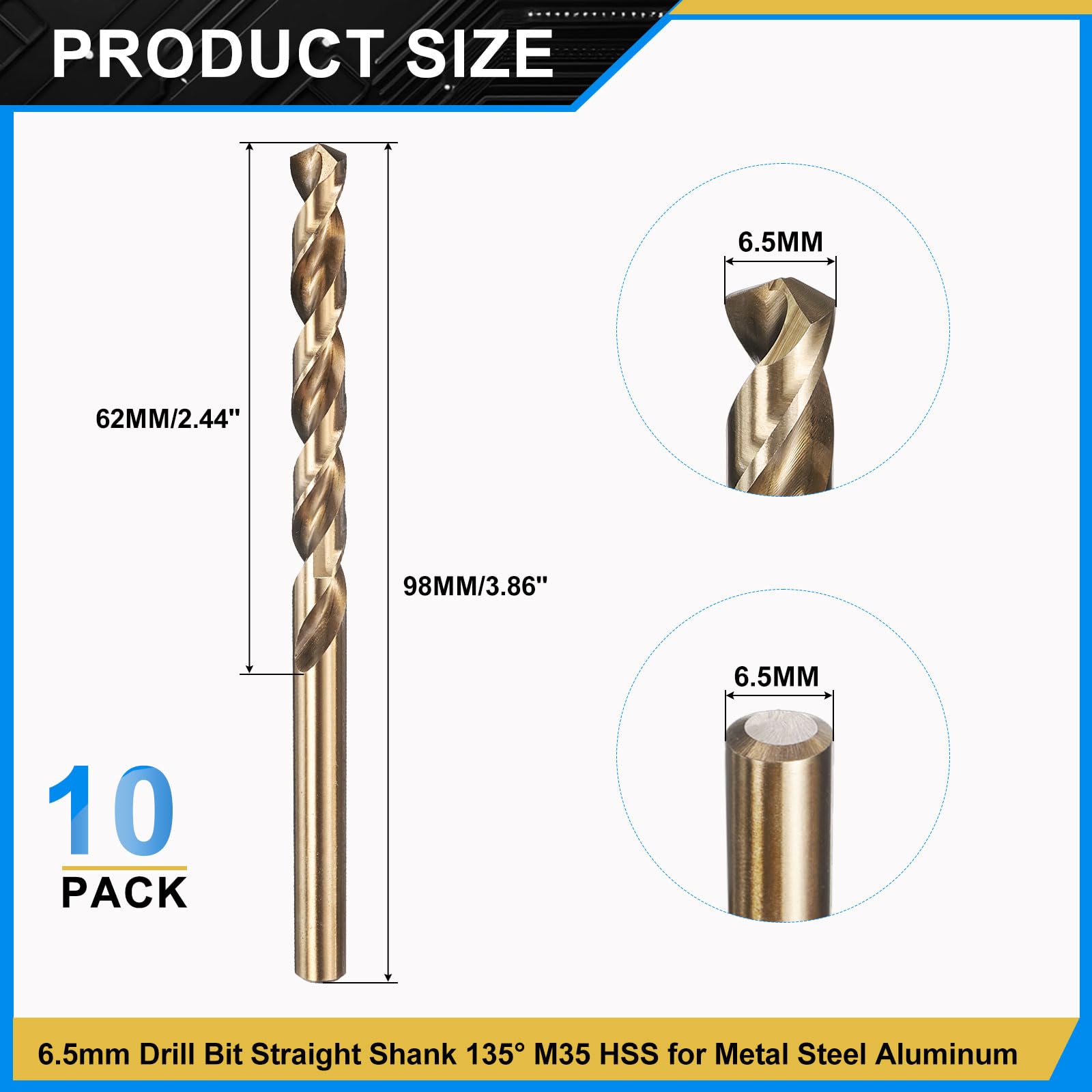 PATIKIL 6.5mm Drill Bit, M35 Cobalt 5% High-Speed Steel Jobber Straight Shank 135° Gold Finish for Stainless Steel Hard Metal - 10 Pack - Image 2