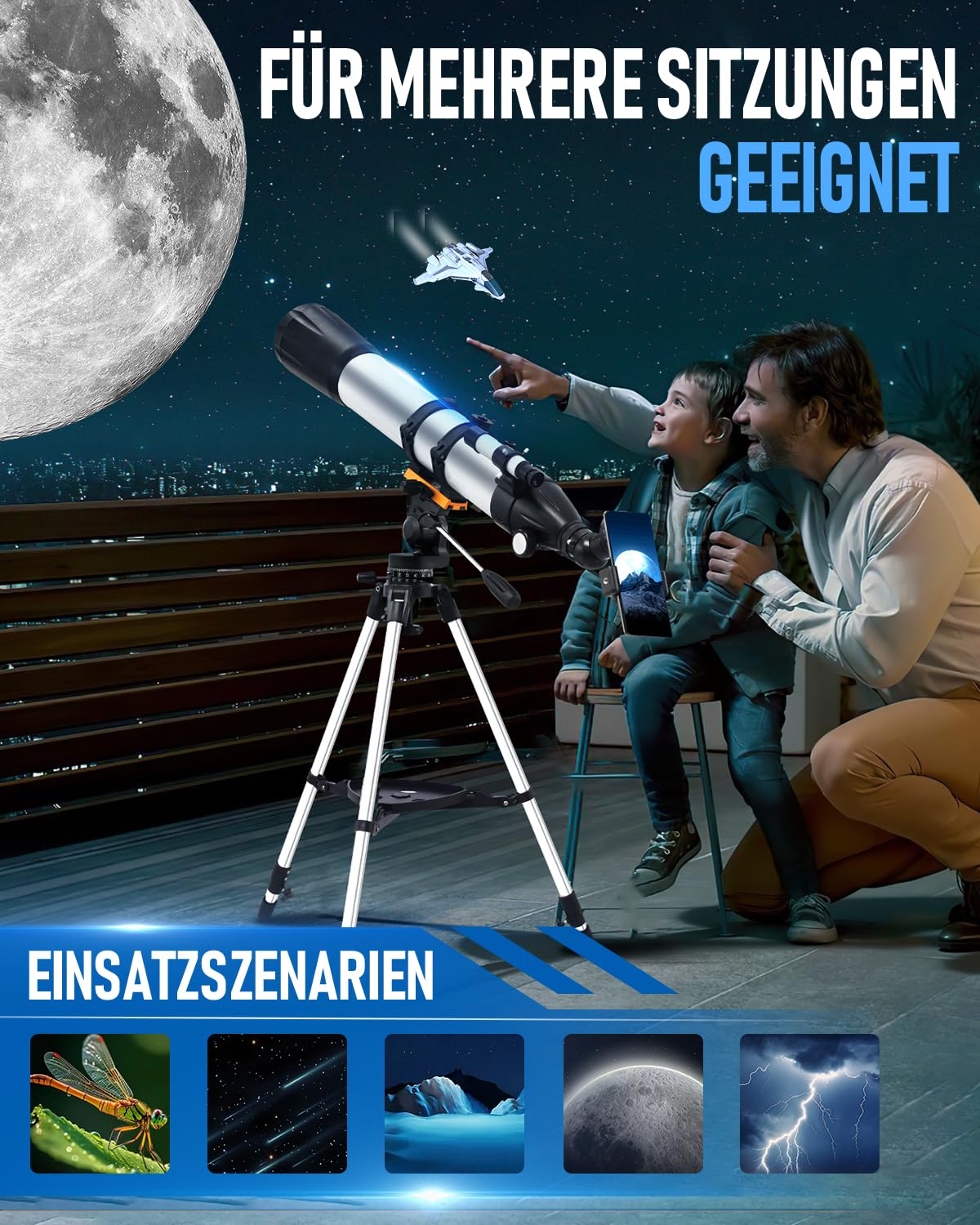 Teleskop Astronomie für Erwachsen, 90mm Öffnung 900mm Refraktor Teleskop für Kinder & Anfänger, Tragbares Reiseteleskop mit Stativ, Einem Handy-Adapter, Einer Kabellosen Fernbedienung