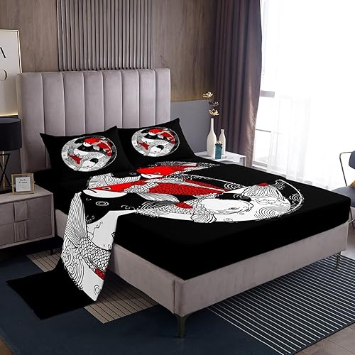 Miniatura 2 de Erosebridal Yin Yang - Juego de sábanas de tamaño individual, sábanas de estilo japonés para niños y niñas, chismes koi, decoración de peces, sábana