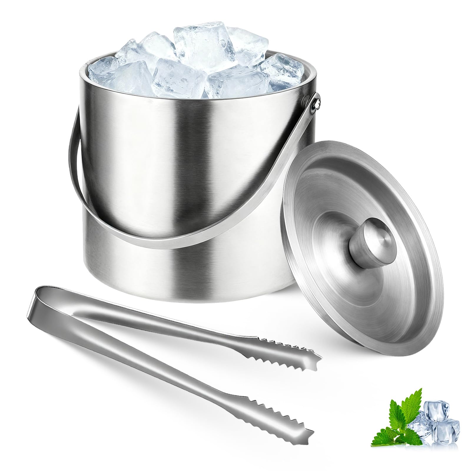 1.6L Stainless Steel Ice Bucket with Lid & Ice Tongs – Double-Walled Insulated Ice Bucket for Parties, Home Bar, BBQ, Cocktails & Wine Chilling