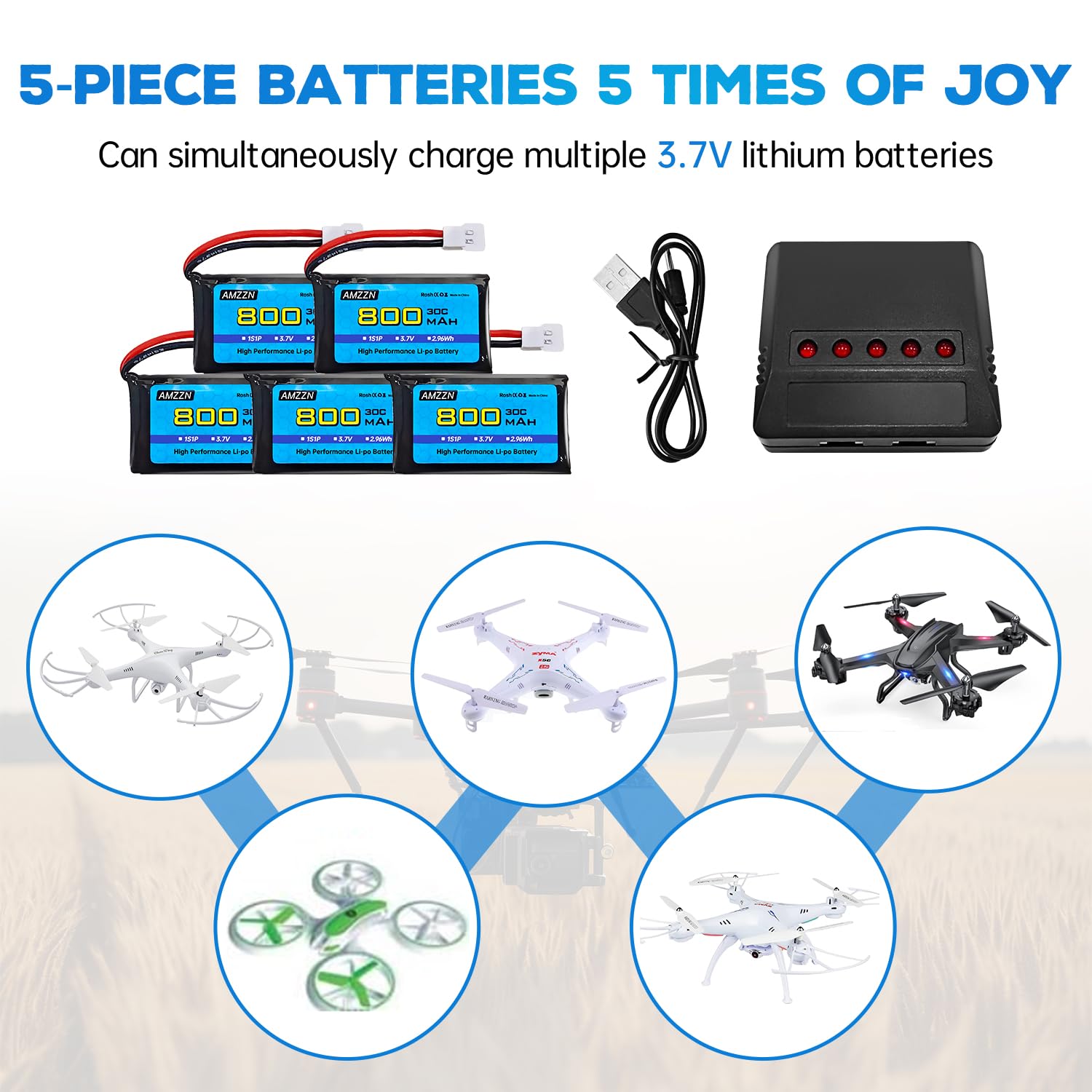 Batteries Drone SYMA AMZZN - Lot 5 Piles 3,7V 800mAh Avec Chargeur 5en1