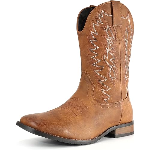 IUV Cowboy Boots For Men Wide Foot Square Toe Western Boots with Classic Embroidered Durable Slip on Boots