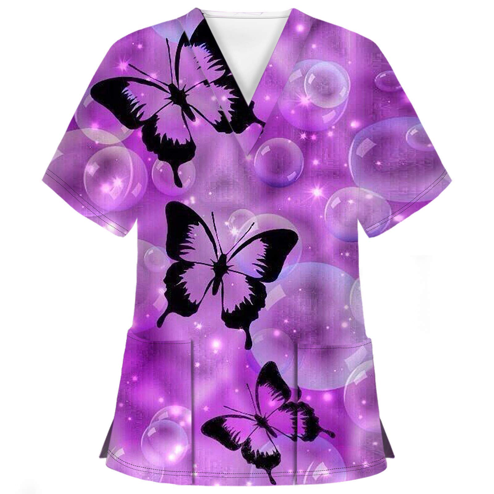 Scrub_Tops for Womens T Shirt Butterflies Valentine's Day Printed V-Neck Working Uniform Workwear Pockets Top