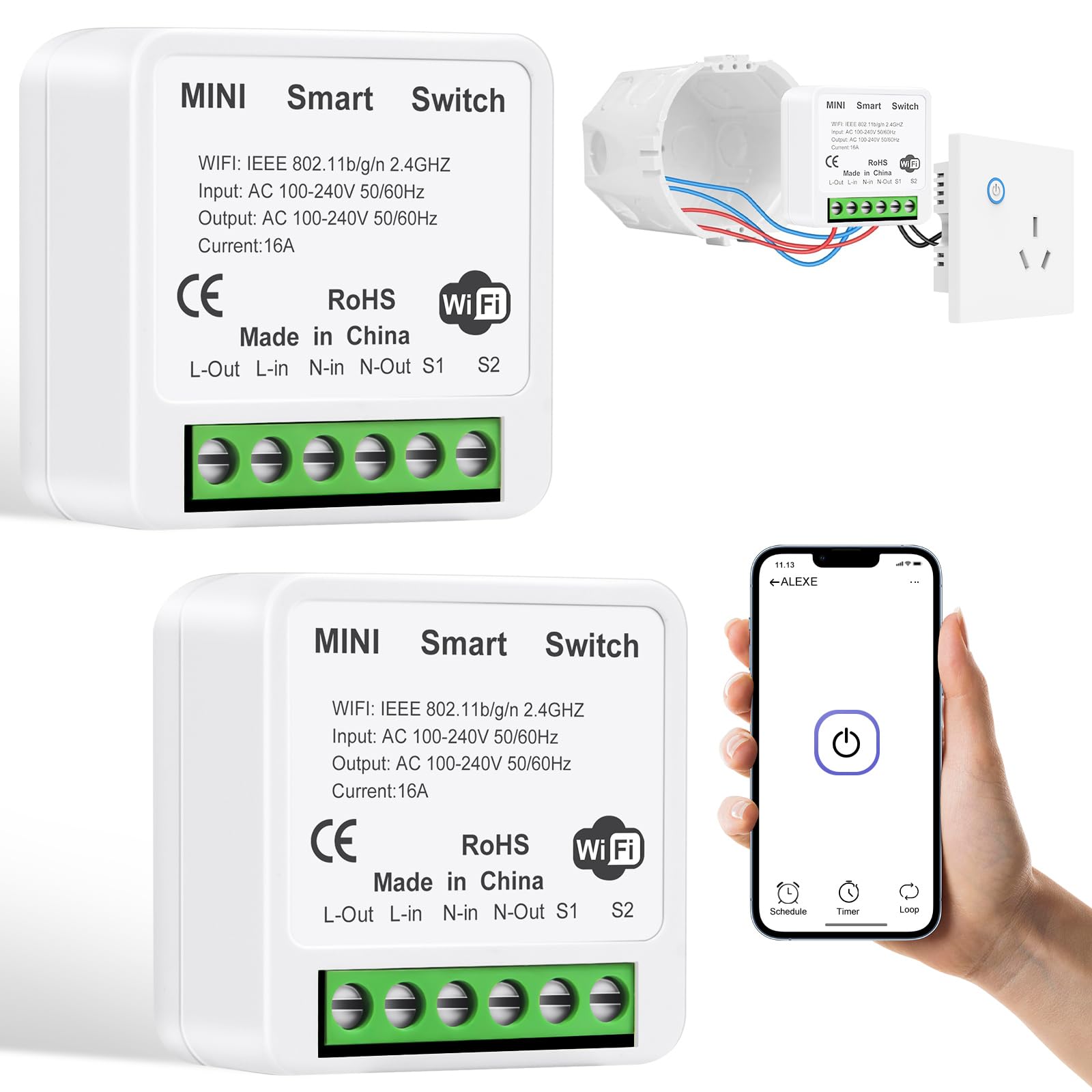 AXFEE Interruptor Inteligente Wifi, Interruptor WiFi Inteligente Bricolaje de 2 Vías, 2 Piezas Interruptor WiFi Inteligente Programable 2.4GHz, Compatible con Alexa y Google Home, 10A 2400W