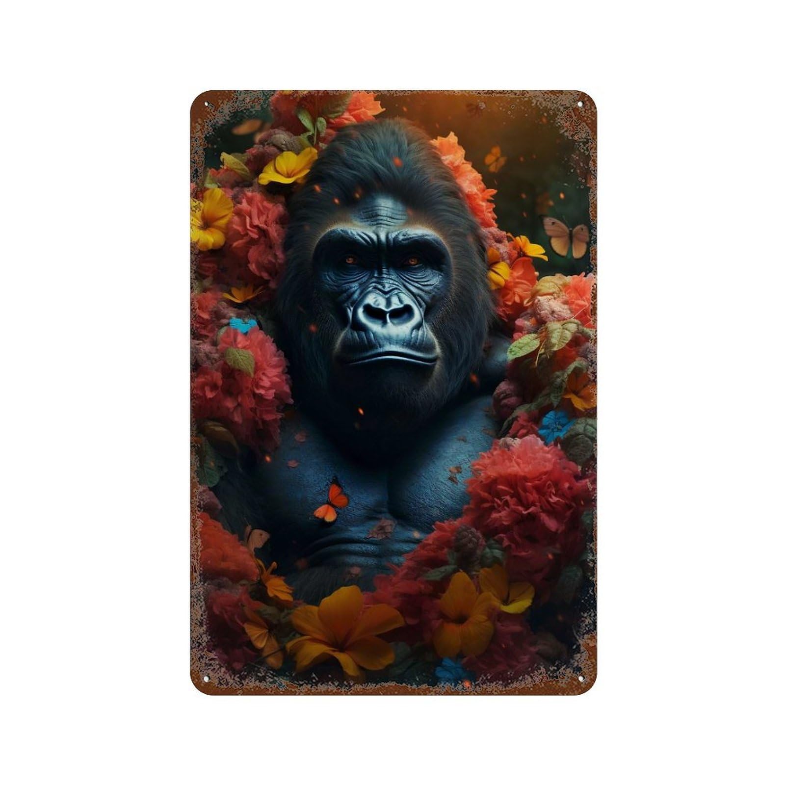 Aged Metal Wall Plaque with Gorilla Flowers Design 11.8"x7.9", for Shed, Workshop And Garage Wall Decor, Decorative Metal Wall Art