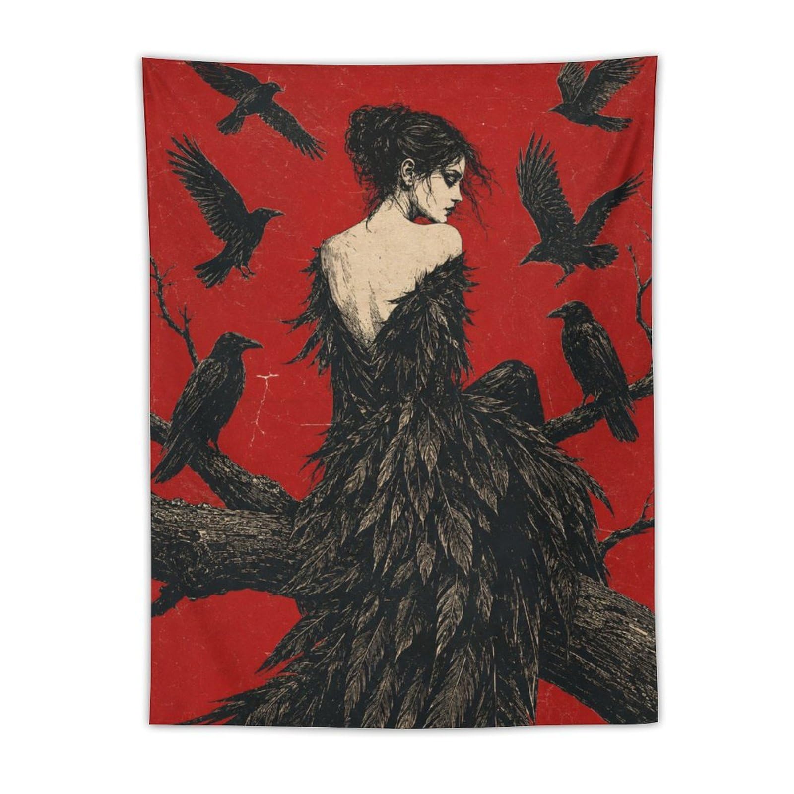 H3B8U2Y5 Raven Woman with Flying Crows Wall Tapestry, Dorm Room