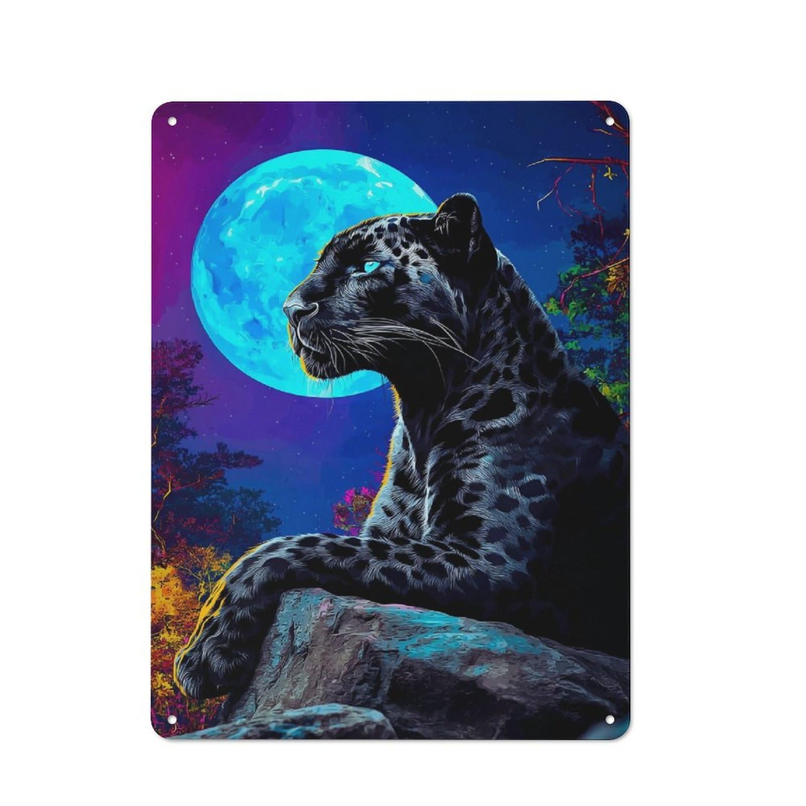 Decorative Tin Plaque with Jaguar Moonlit Majesty Design 40x30cm, Classic Novelty Wall Art for Flat, Dorm Room, Lounge Or Cafe