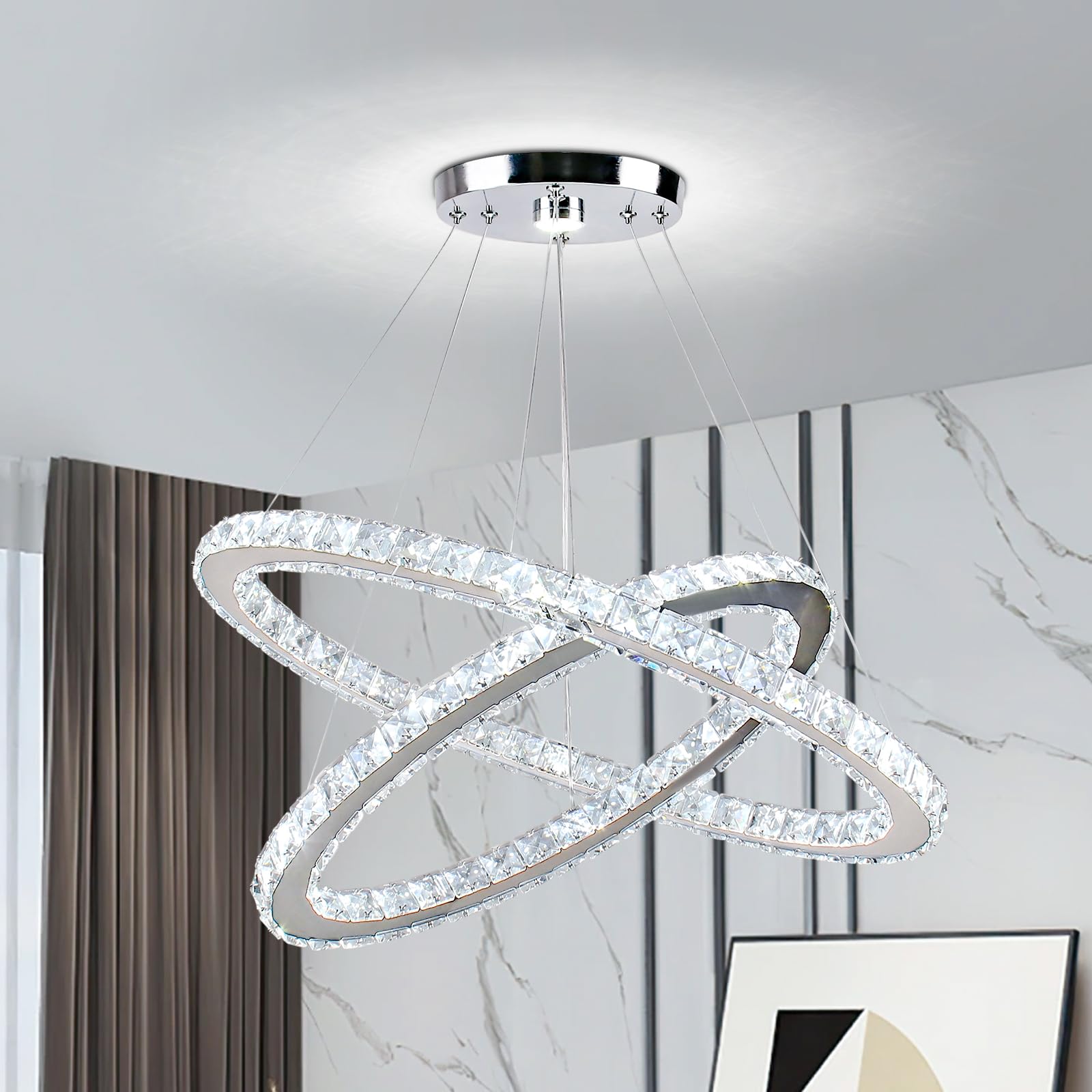 Lampadario Ovale in Cristallo da 60 cm, Lampada a Sospensione LED a 2 Anelli Bianca Fredda Illuminazione per Soffitto per Isola Cucina Sala da Pranzo Soggiorno e Camera da Letto