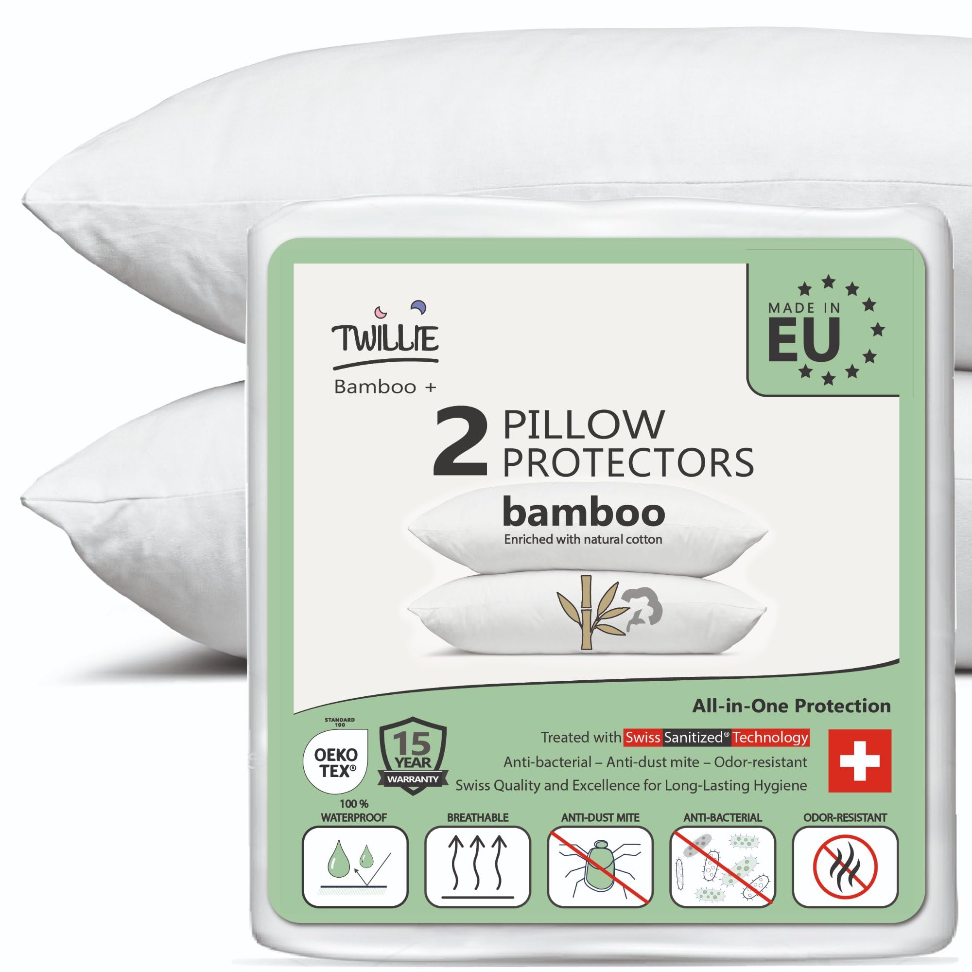 Twillie Bamboo Pillow Protectors 30 x 30 cm (Pack of 2) – Premium Quality – Waterproof, Zip & Acne Resistant – Enriched Natural Cotton, Swiss Sanitized Anti-Dust Mite Treatment – Made in the EU