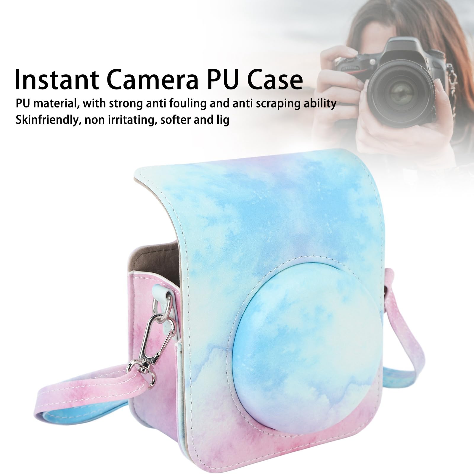 Mini Torba Ochronna na Aparat Natychmiastowy PU futerał na Aparat z Regulowanym Paskiem na ramię do Aparatu Instax Mini 12 (niebieski różowy)