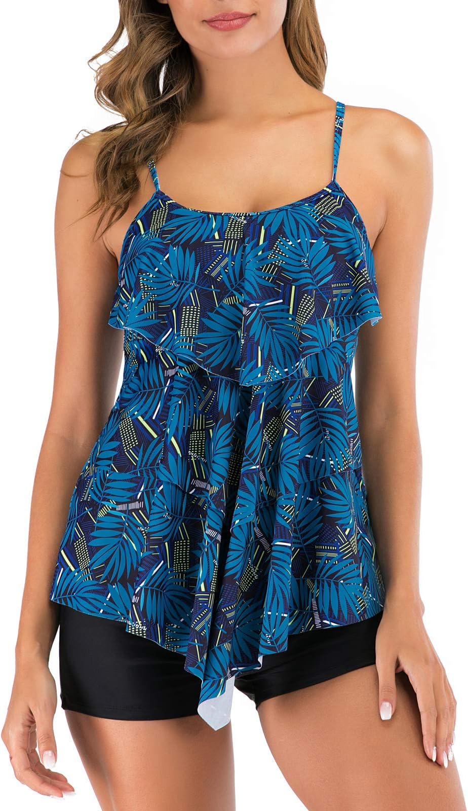 FLYILY Women 2 Piece Tankini Swimsuits Flounce Printed Top with Boyshorts Plus Size Swimwear Bathing Suit
