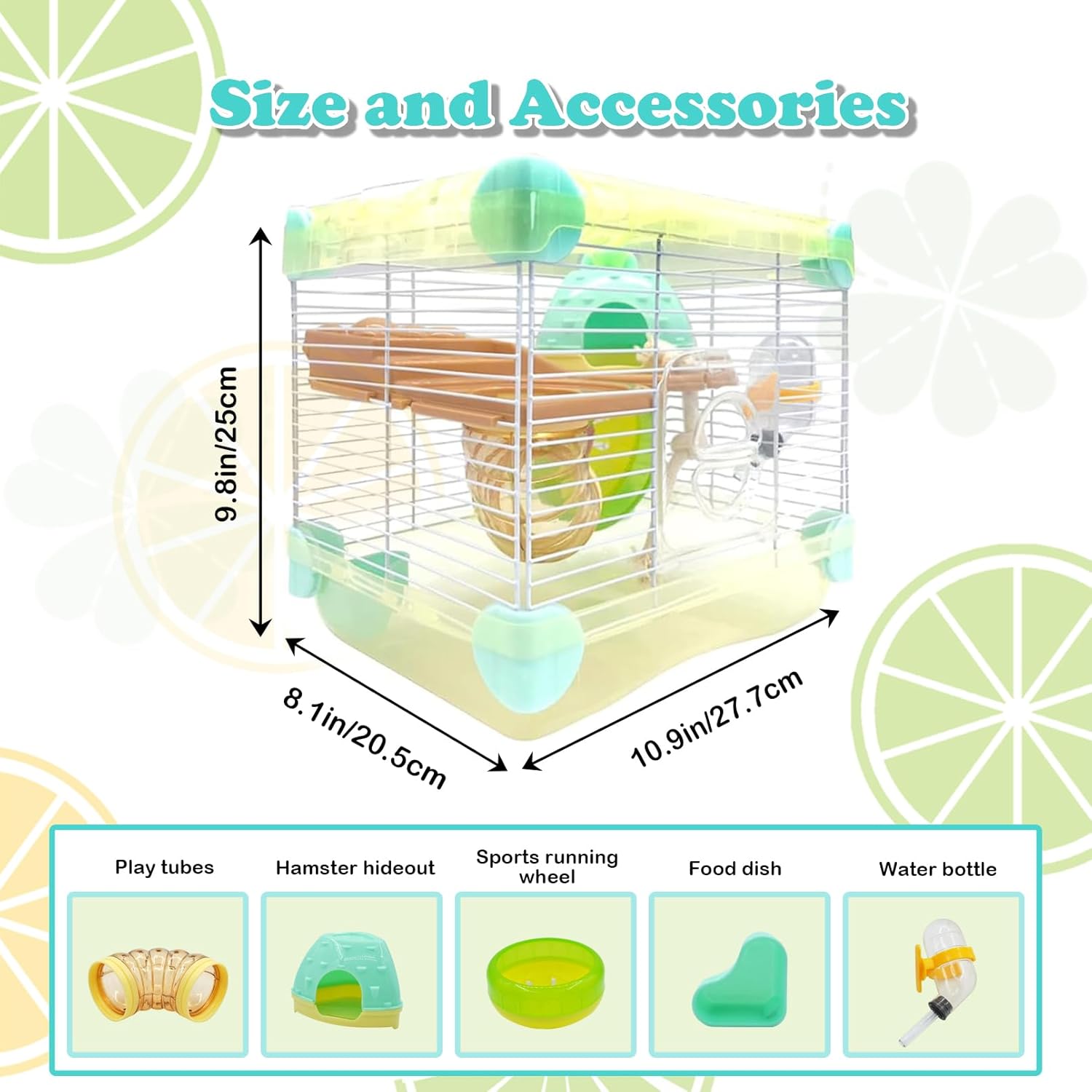 2 Layers Hamster Cage with Tubes Mouse Cage with Accessories Water Bottle Food Dish Transparent Hamster Habitat with Exercise Wheel for Hamster Guinea Pig Gerbil (10.9″ x 8.1″ x 9.8″ Yellow)