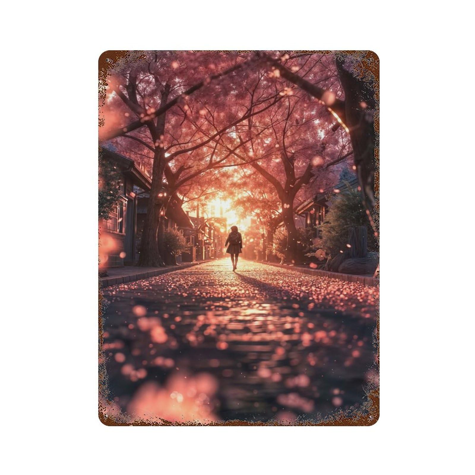 Japanese Girl in Sunset Rusty Metal Tin Sign 15.7"x11.8", Ideal for Shed, Workshop And Garage Wall Decor