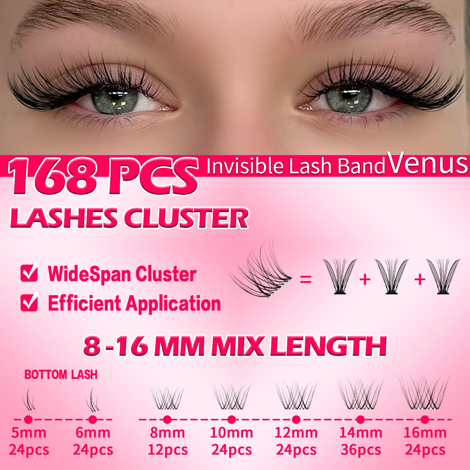Venus Lash Clusters+Bottom Lashes 5-6mm Cluster Lashes DIY Eyelash Extensions Natural Look False Eyelashes Individual Lashes Thin Invisible Lash Band(Venus,8-16mm) - Image 4