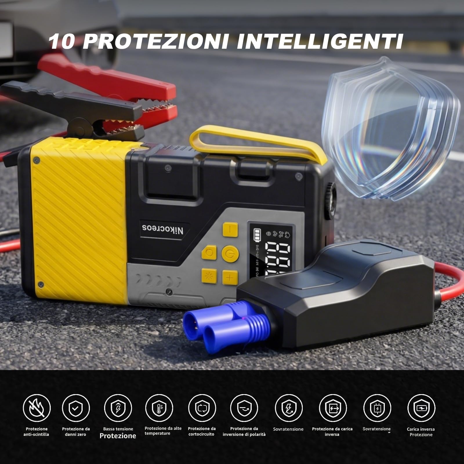 Avviatore Portatile per Auto con Compressore di Aria per Emergenze, 3000A di Picco e 150 PSI Massimo, per Motori a Gasolina da 12L e Diesel da 10L, Display LCD, Luce LED (Giallo)